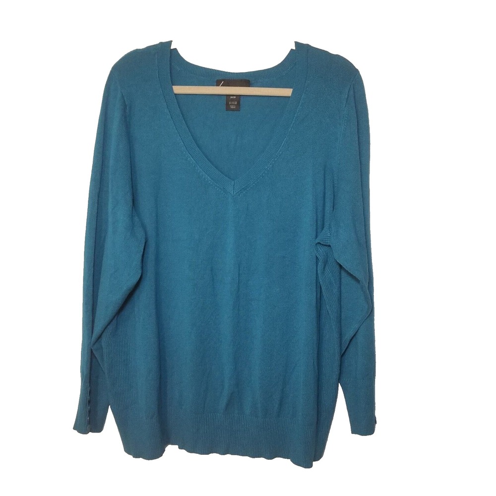 Lane Bryant Teal V Neck Knit Stretch Ribbed Sides Buttons‎ Sweater Size 26/28